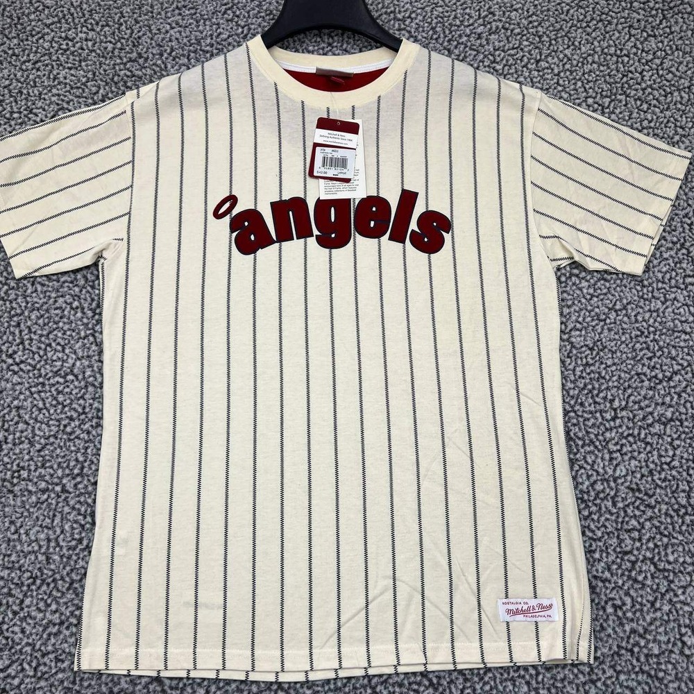 Los Angeles LA Angels Shirt Men Large White Pinstripes‎ Mitchell & Ness Cotton L